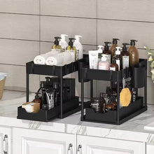 2 Tier Under Sink Organizer Sliding Cabinet Basket Organizer Storage Rack with Hooks Hanging Cup Bathroom Kitchen Organizer