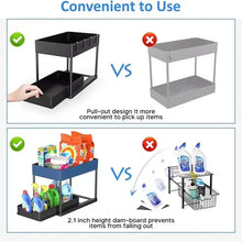 2 Tier Under Sink Organizer Sliding Cabinet Basket Organizer Storage Rack with Hooks Hanging Cup Bathroom Kitchen Organizer