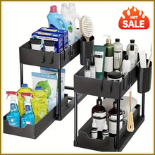 2 Tier Under Sink Organizer Sliding Cabinet Basket Organizer Storage Rack with Hooks Hanging Cup Bathroom Kitchen Organizer