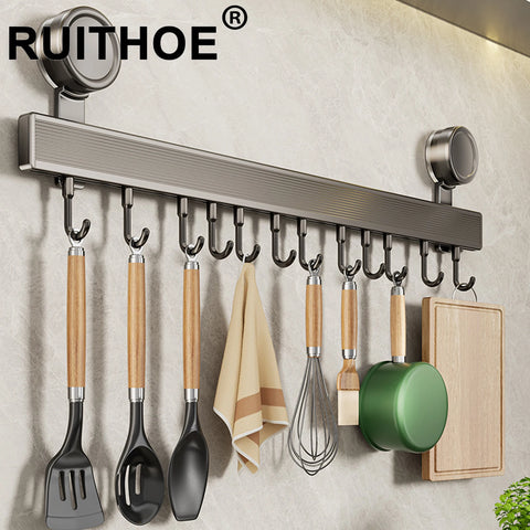 Kitchen Hook Hangers Wall Mount Rack No-Punching Wall Rail Kitchen Utensils Rack Spoon Shovel Chopping Board Storage Rack